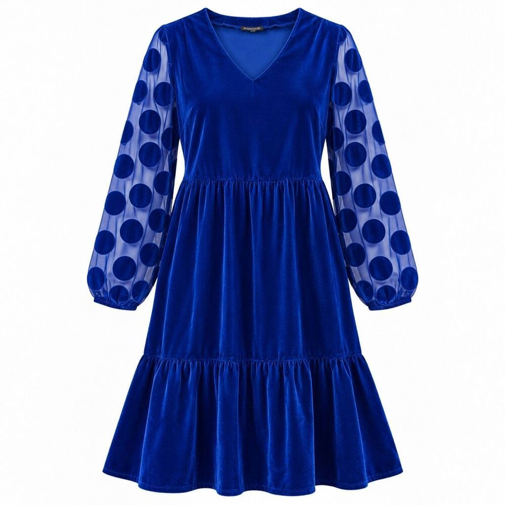 The Pyramid Collection V-Neck Sheer Sleeve Tiered Velvet Dress Blue M NWOT